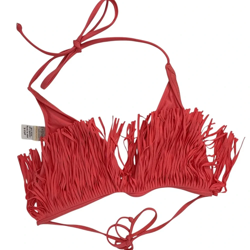 LSpace Coral Fringe Bikini Top D Cup Halter Tie Swimwear USA Womens